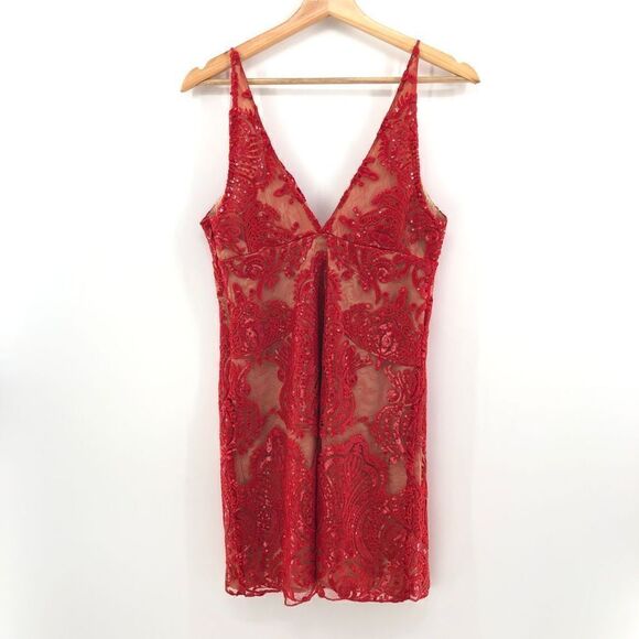 Free People Night Shimmers Lace Sequined D Red - Picture 11 of 11